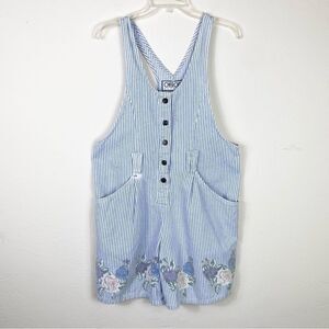 Vintage 90’s Cherokee White & Blue Striped Floral Shortalls Overalls